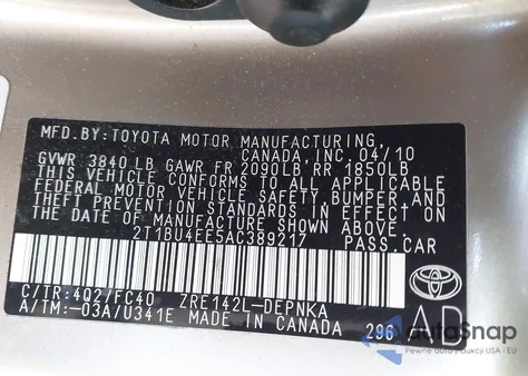 2010 Toyota Corolla Xle z USA, uszkodzony, nr VIN 2T1BU4EE5AC389217